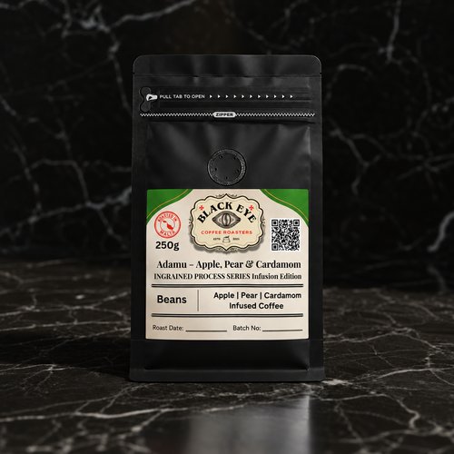 Adamu – Apple, Pear & Cardamom, 250g matte black coffee bag on dark marble