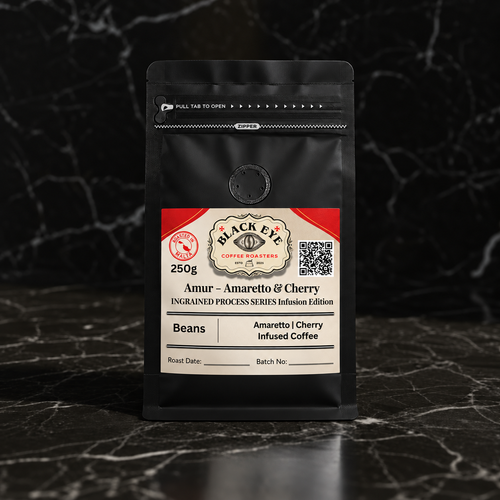 Amur – Amaretto & Cherry, 250g matte black coffee bag on dark marble